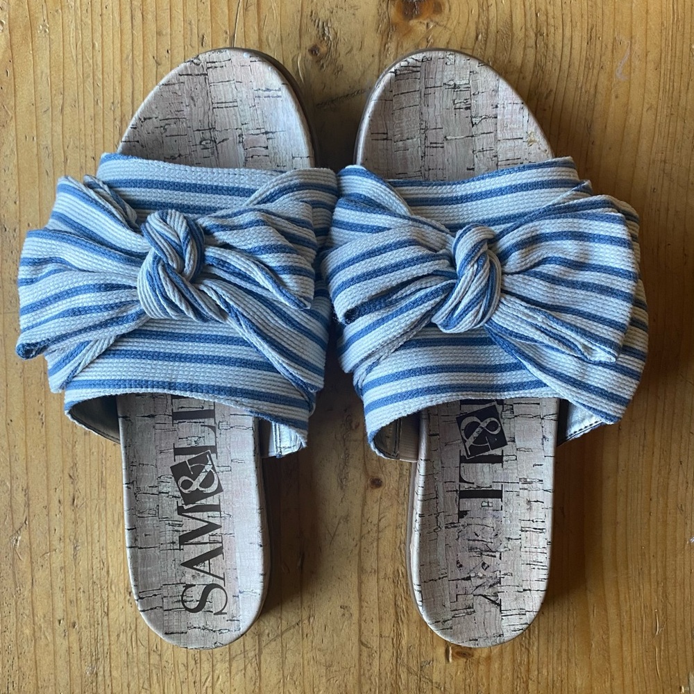 Sam & Libby Blue and White Striped Bow Slide Sandals